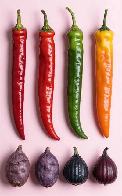 Fresh Chili Peppers And Exotic Fruits On Pink Background