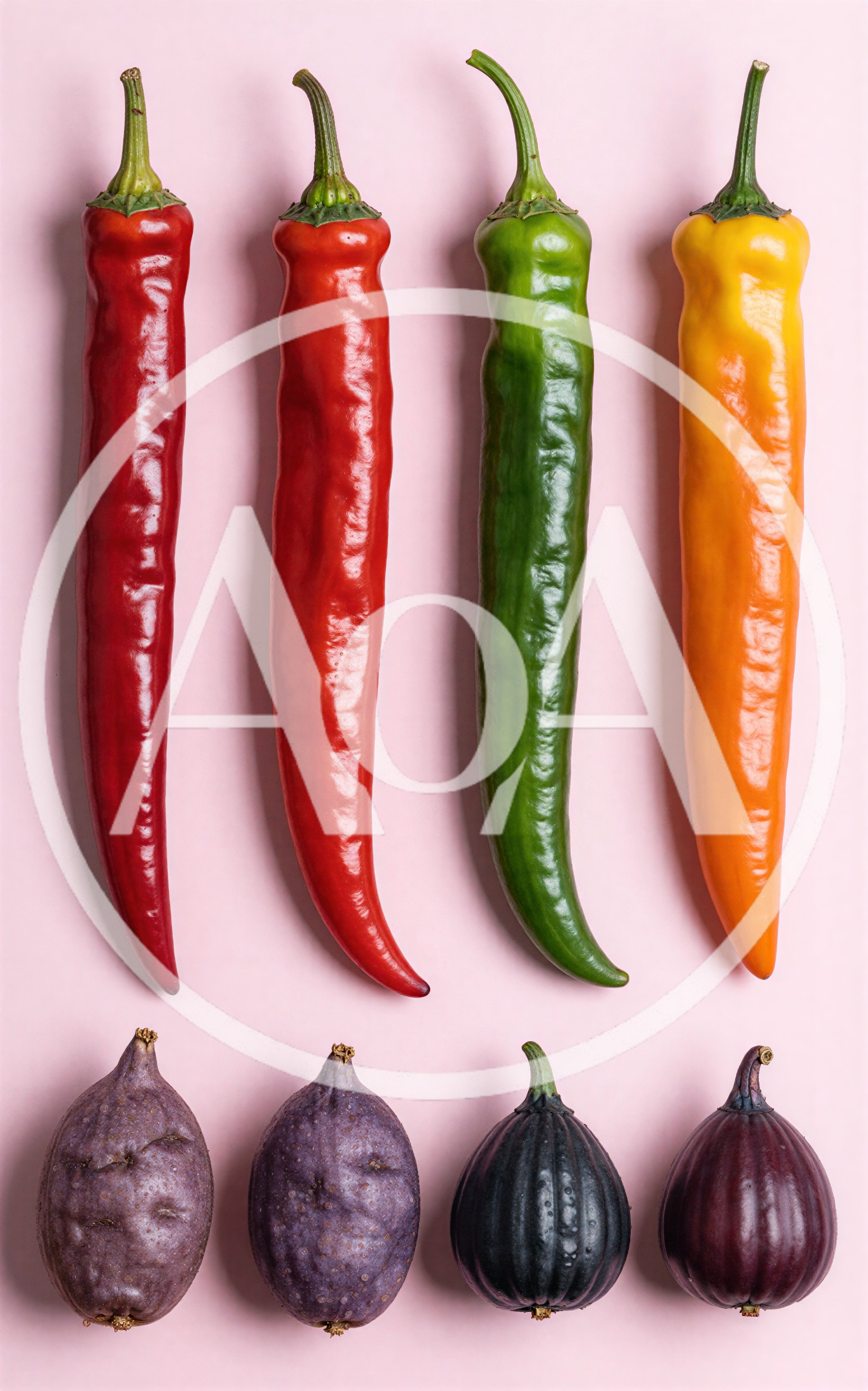 Fresh Chili Peppers And Exotic Fruits On Pink Background