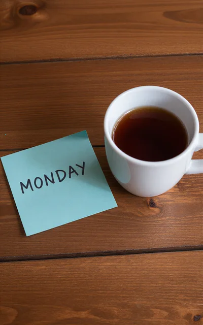 Monday Note and Coffee Cup on Wooden Table