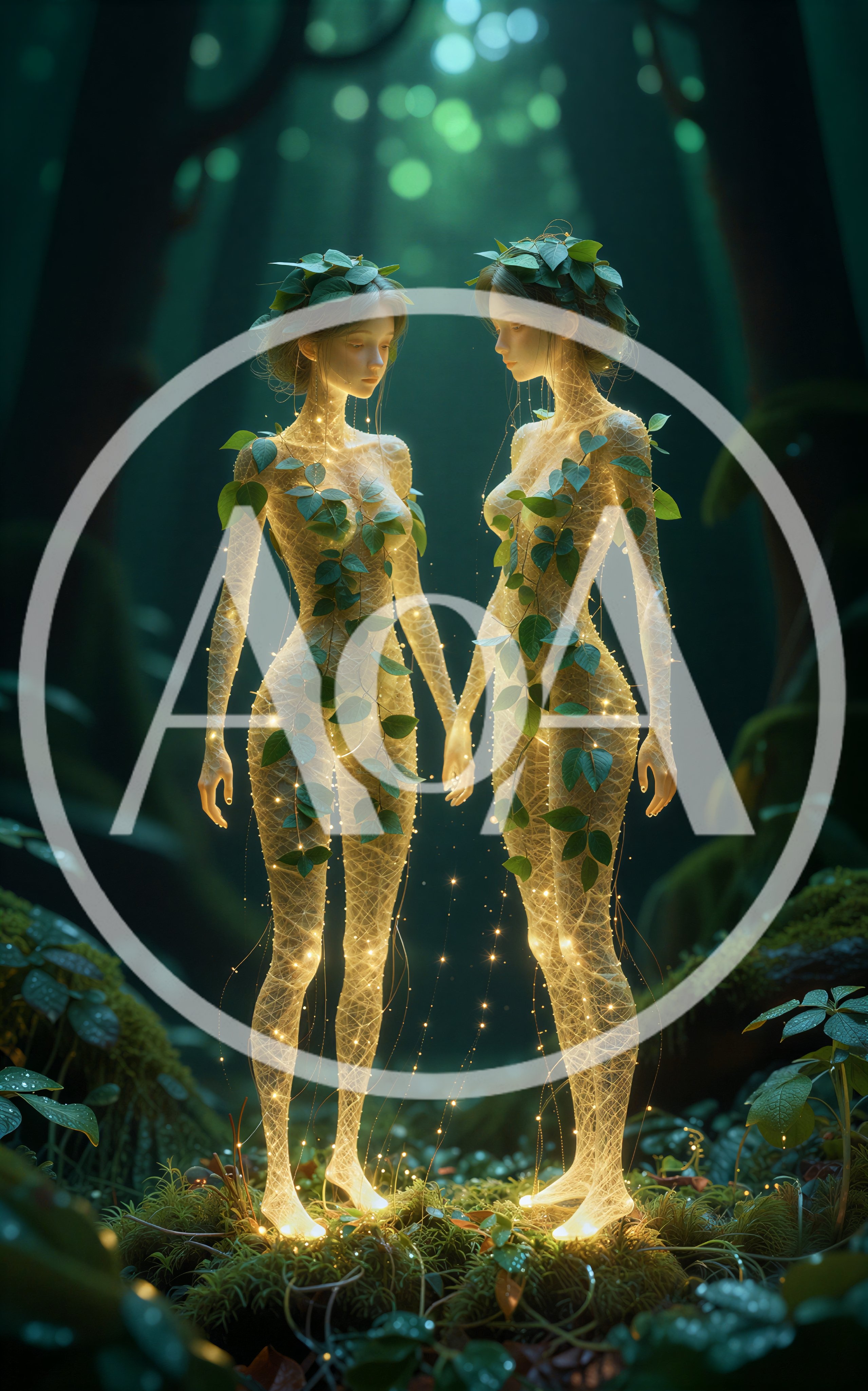 Two Ethereal Forest Spirits Holding Hands