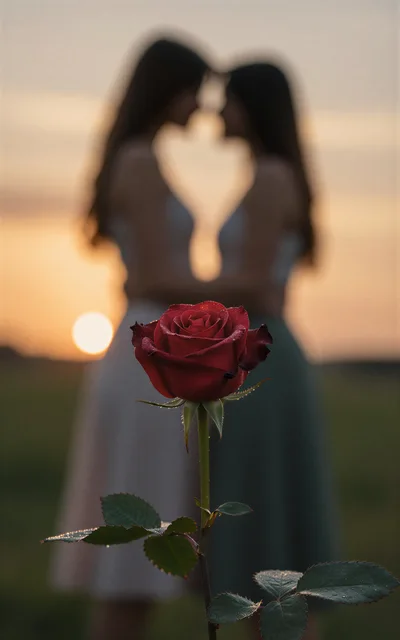 Red Rose With Blurred Couple Forming Heart Shape