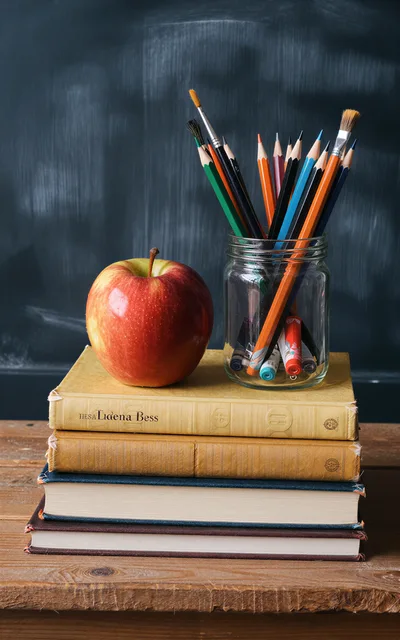 Apple and Pencils on Stack of Books