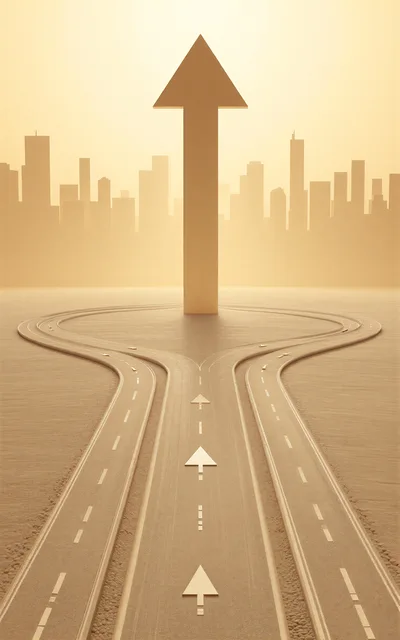 Conceptual Road Fork Leading To A Large Upward Arrow