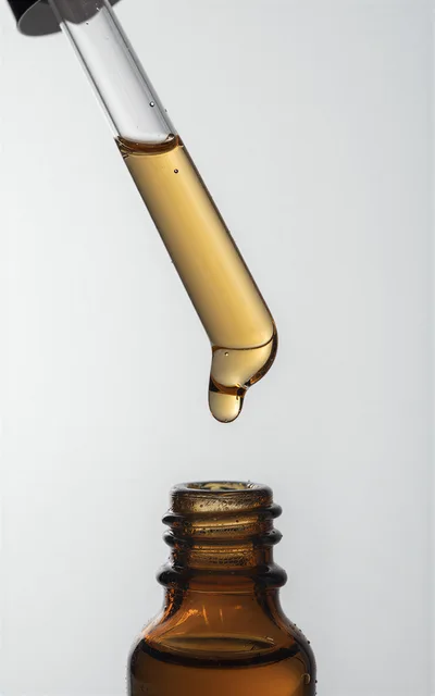 Dropper Dispensing Golden Serum Into Amber Glass Bottle