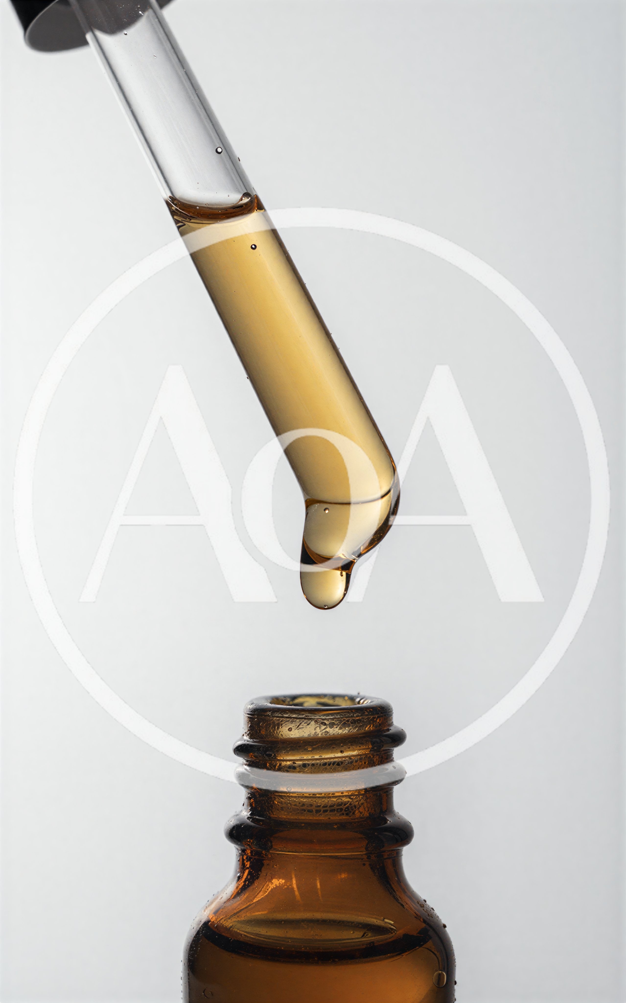 Dropper Dispensing Golden Serum Into Amber Glass Bottle