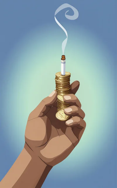 Hand Holding A Stack Of Coins Topped With A Cigarette