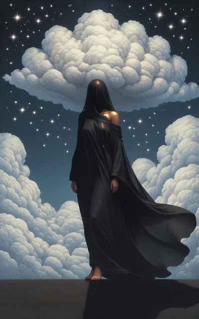 Ethereal Figure In Black Robe Amidst Celestial Clouds