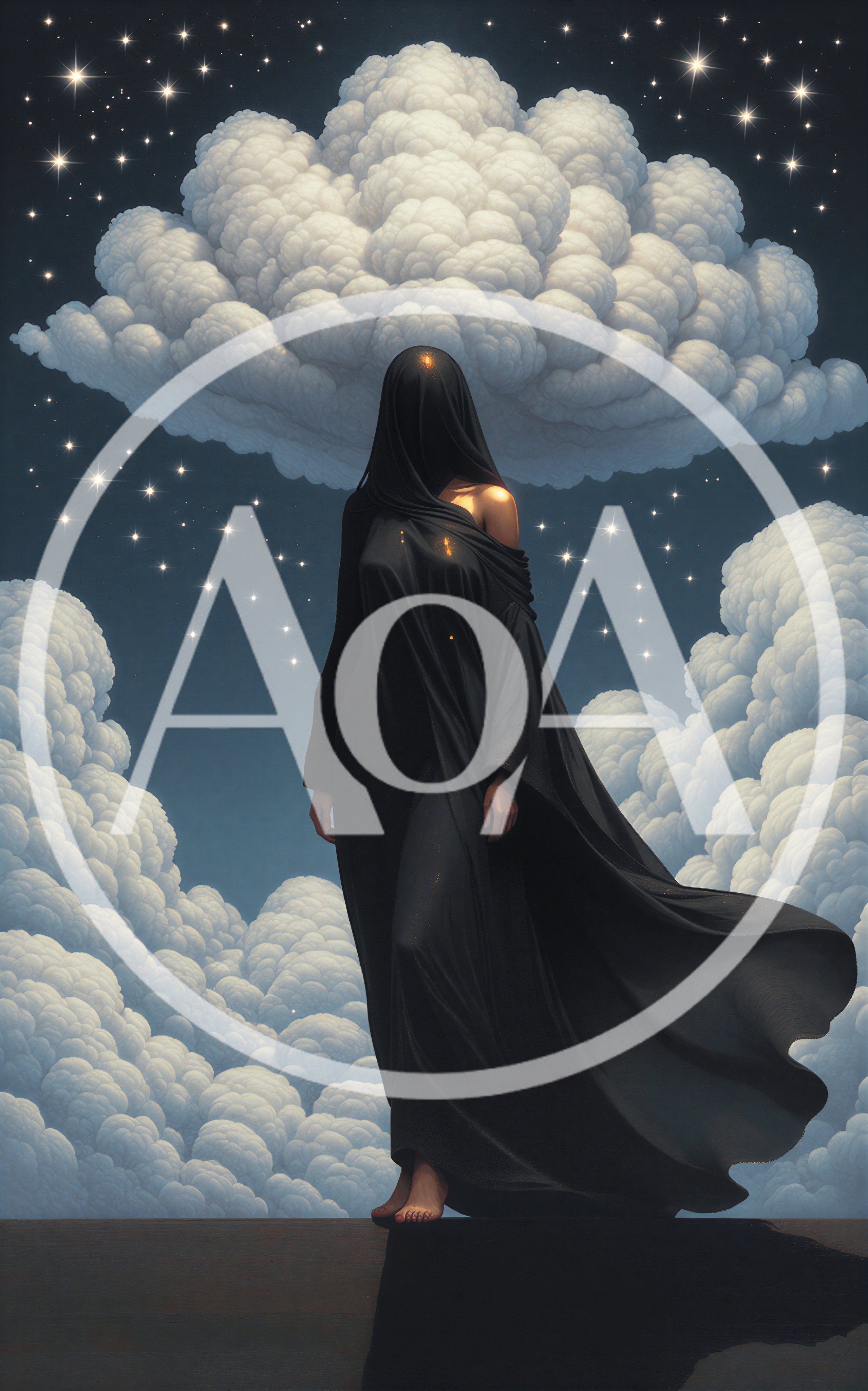 Ethereal Figure In Black Robe Amidst Celestial Clouds