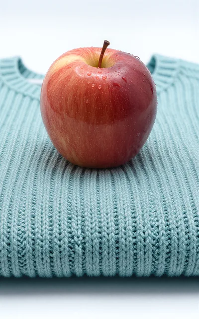 Fresh Red Apple Resting On A Blue Knitted Sweater