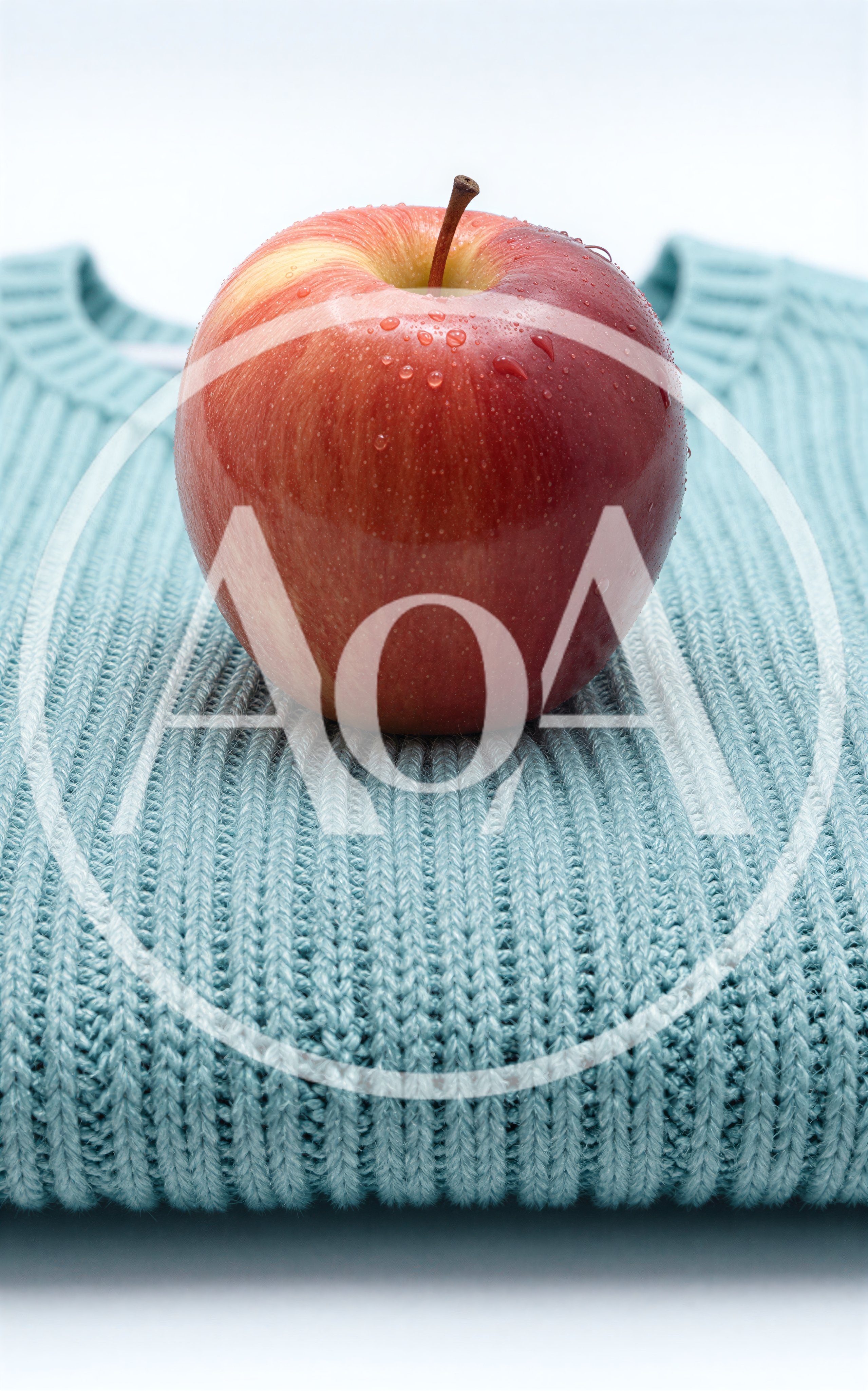 Fresh Red Apple Resting On A Blue Knitted Sweater