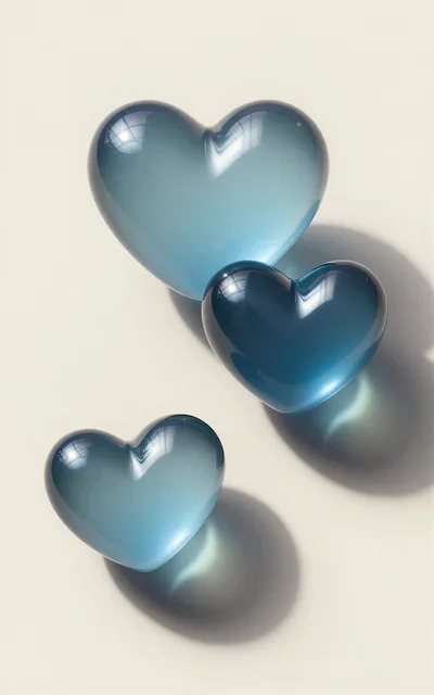 Three Translucent Blue Glass Hearts on White Background