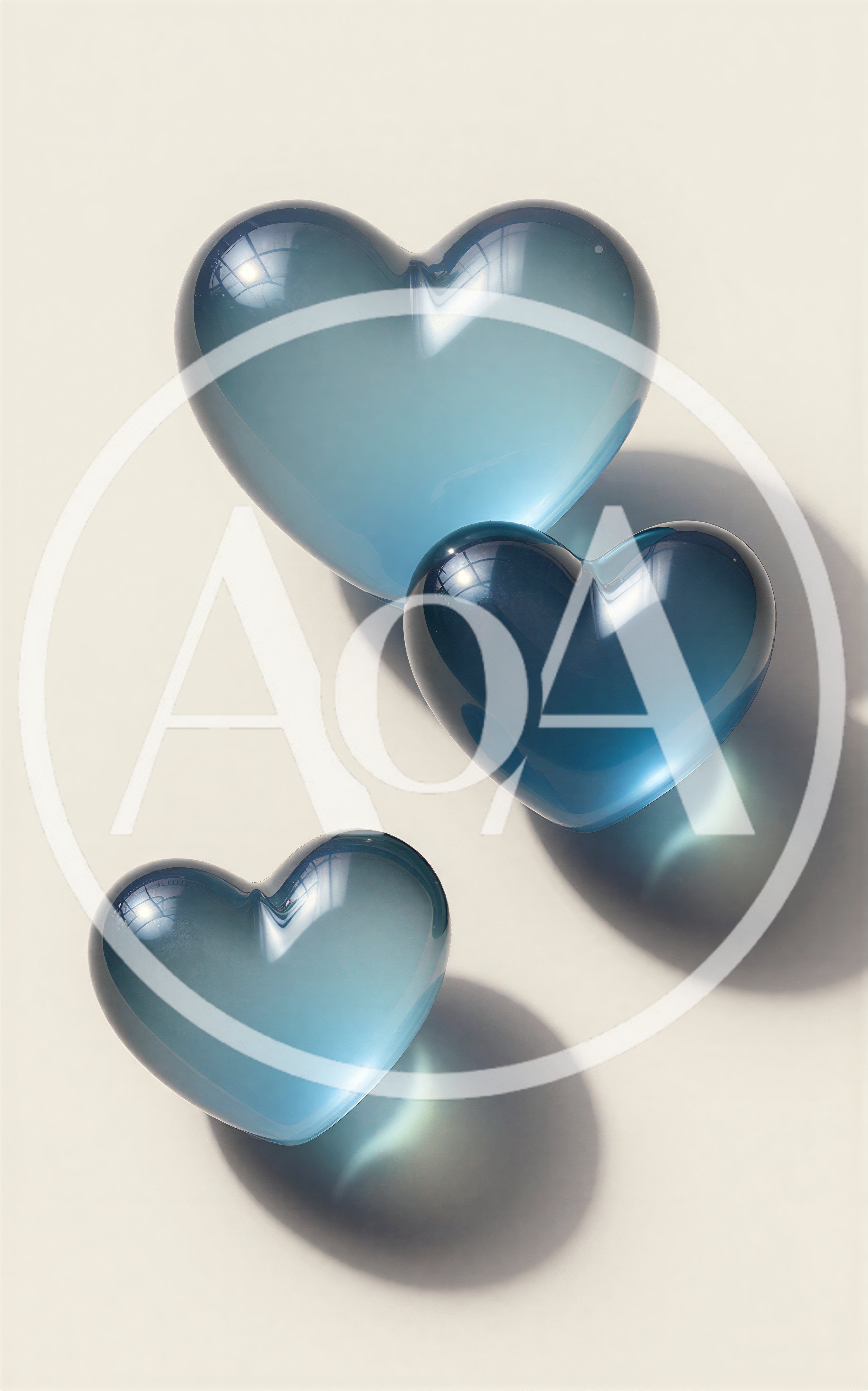 Three Translucent Blue Glass Hearts on White Background
