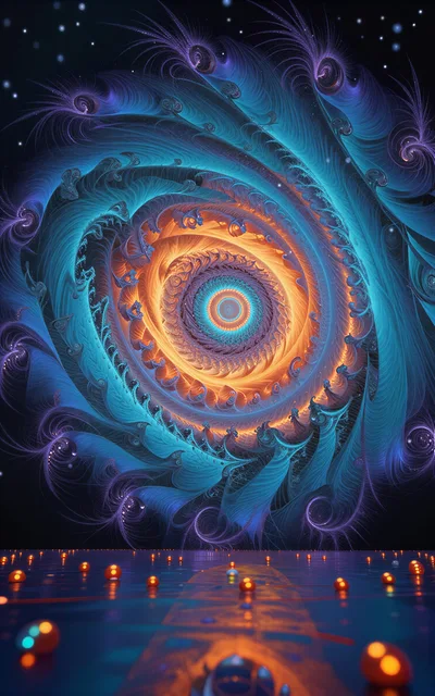 Abstract Fractal Spiral Portal Over Glowing Spheres