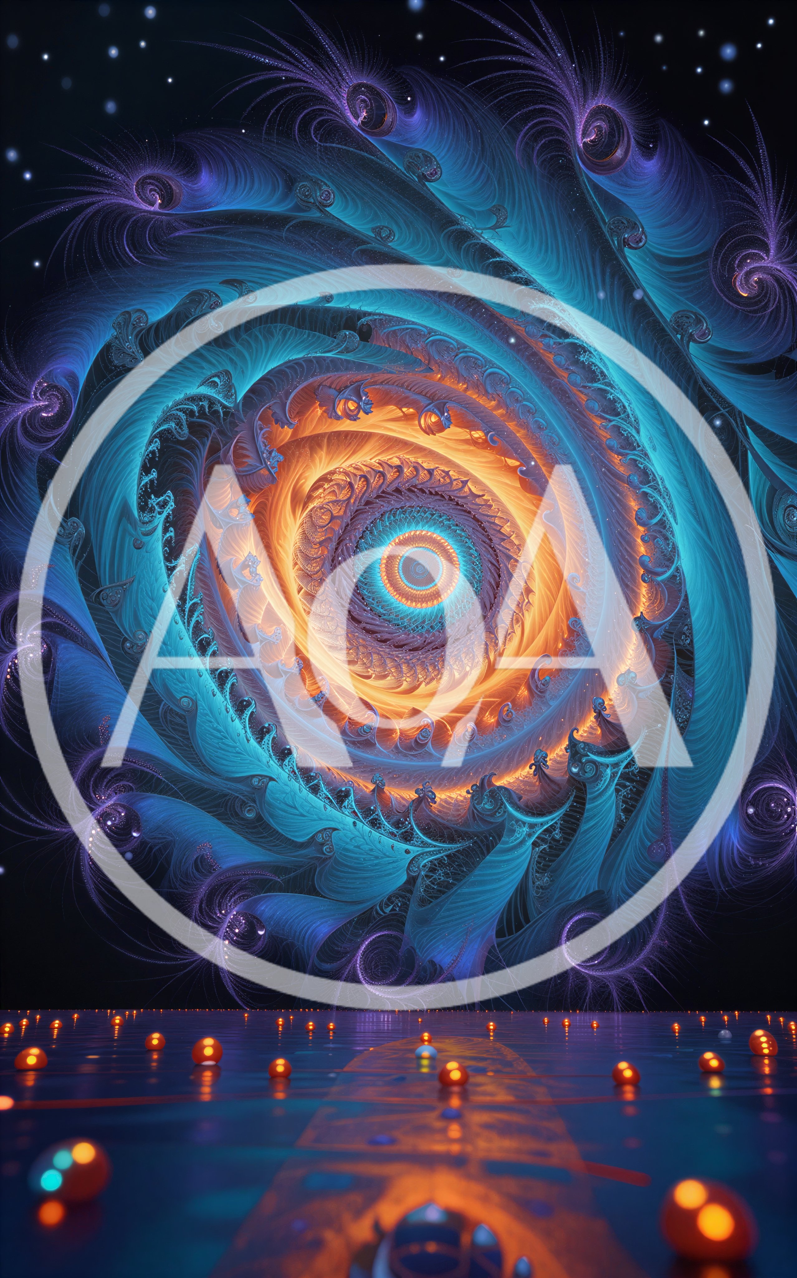 Abstract Fractal Spiral Portal Over Glowing Spheres