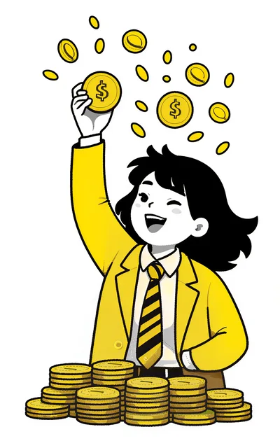 Happy Businesswoman Celebrating Financial Success With Gold Coins