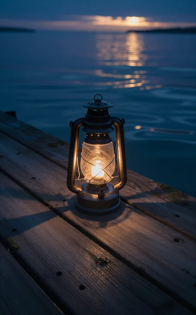 Vintage Oil Lantern Glowing On A Wooden Dock