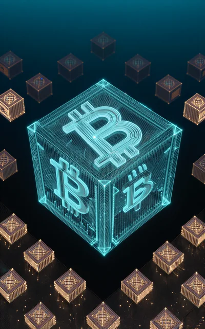 Glowing Bitcoin Symbol Inside Digital Wireframe Cube