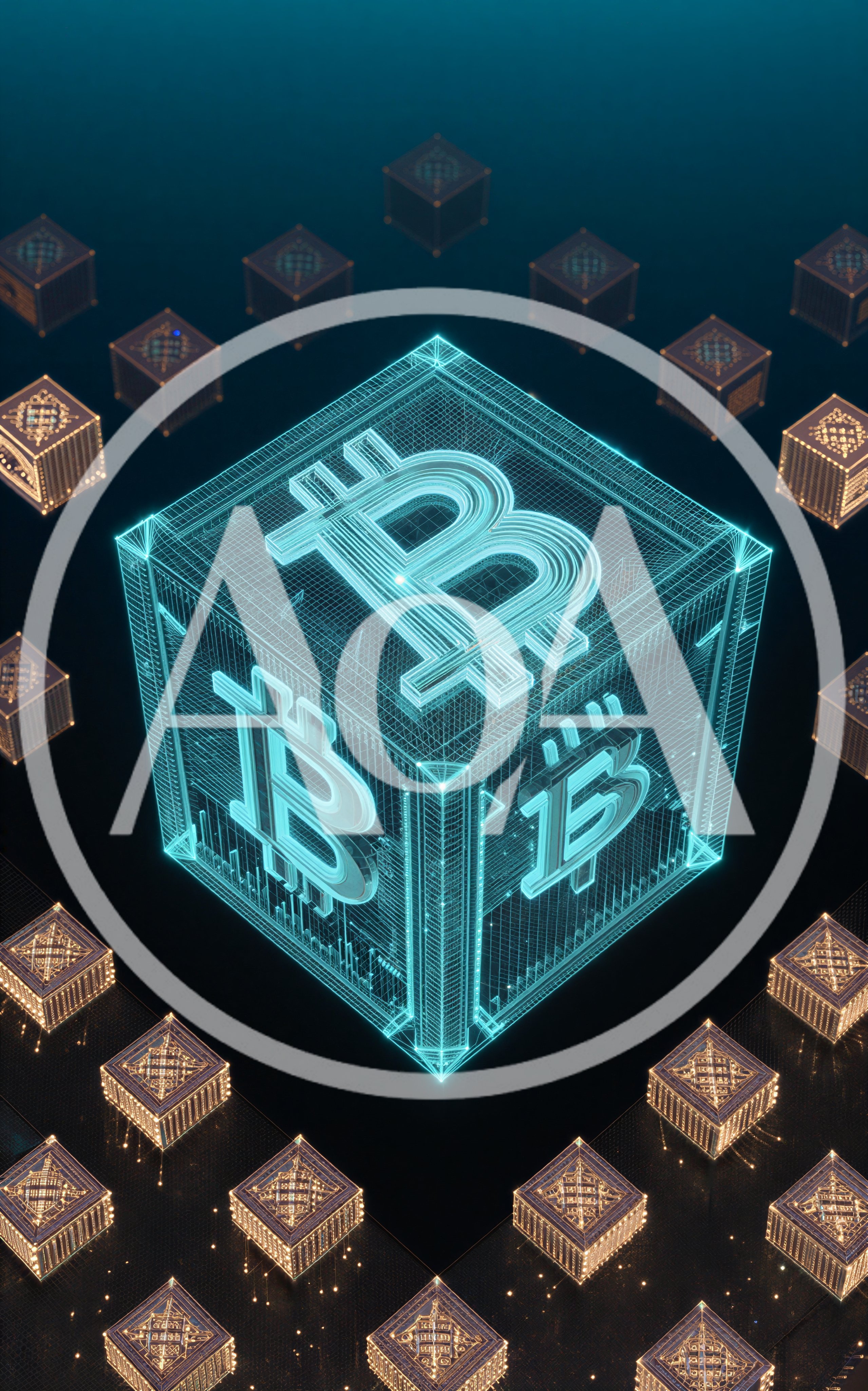 Glowing Bitcoin Symbol Inside Digital Wireframe Cube
