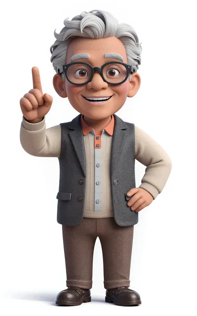 3D Cartoon Elderly Man Pointing Upward