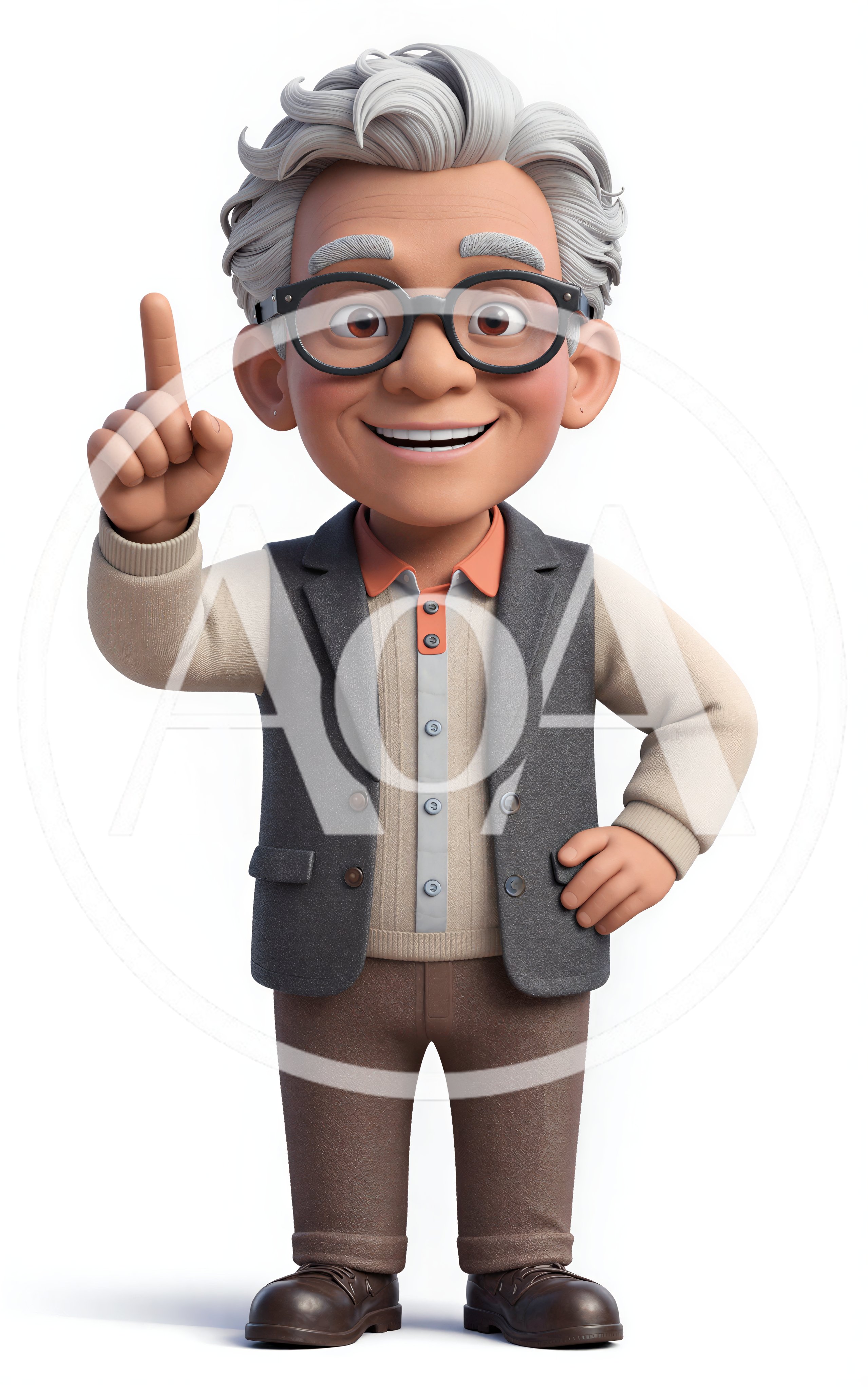 3D Cartoon Elderly Man Pointing Upward