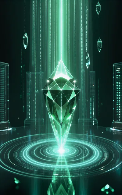 Digital Ethereum Crystal Floating in Cybernetic Data Center