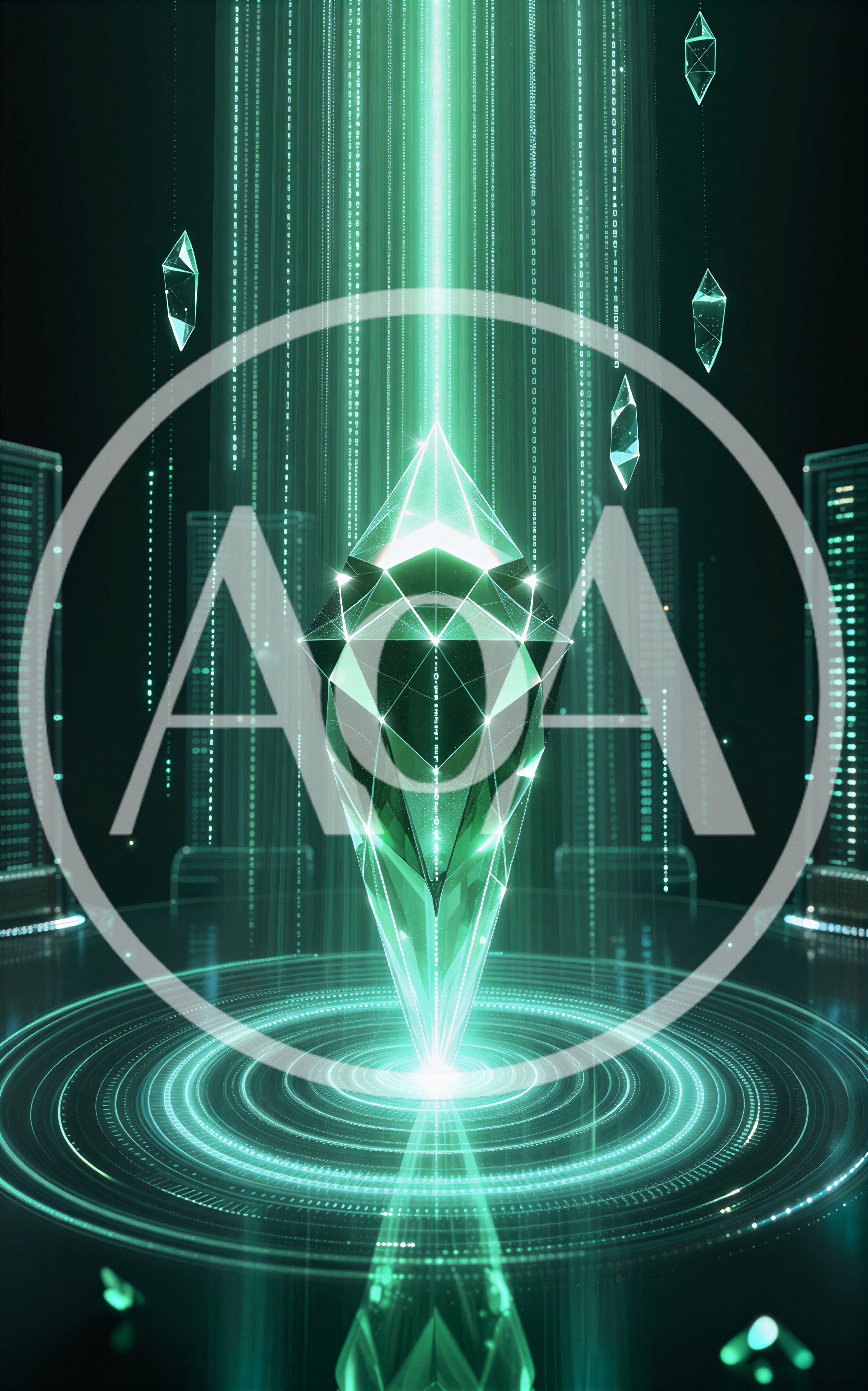 Digital Ethereum Crystal Floating in Cybernetic Data Center