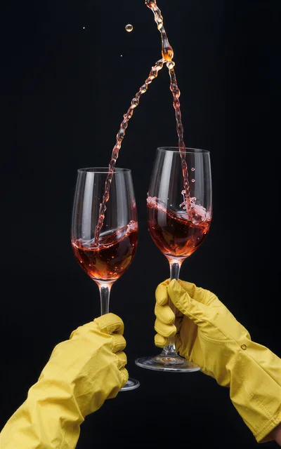 Yellow Rubber Gloves Pouring Rose Wine Into Glasses