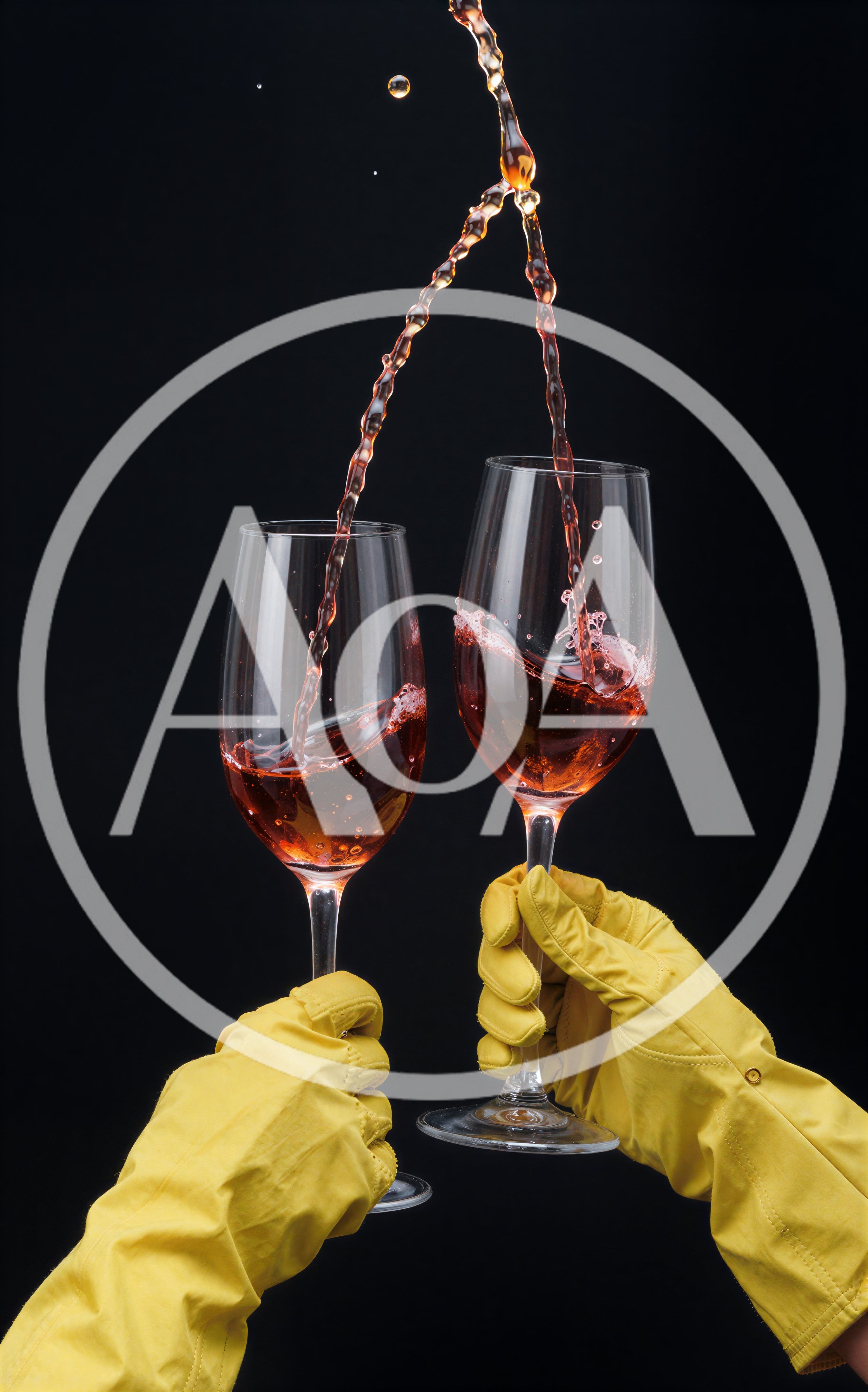 Yellow Rubber Gloves Pouring Rose Wine Into Glasses