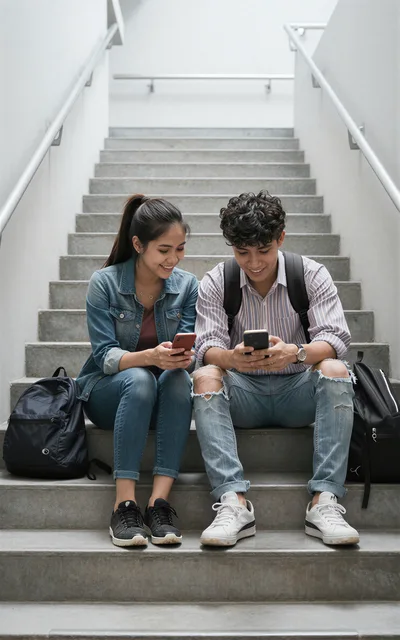 Young Students Sitting On Stairs Using Smartphones