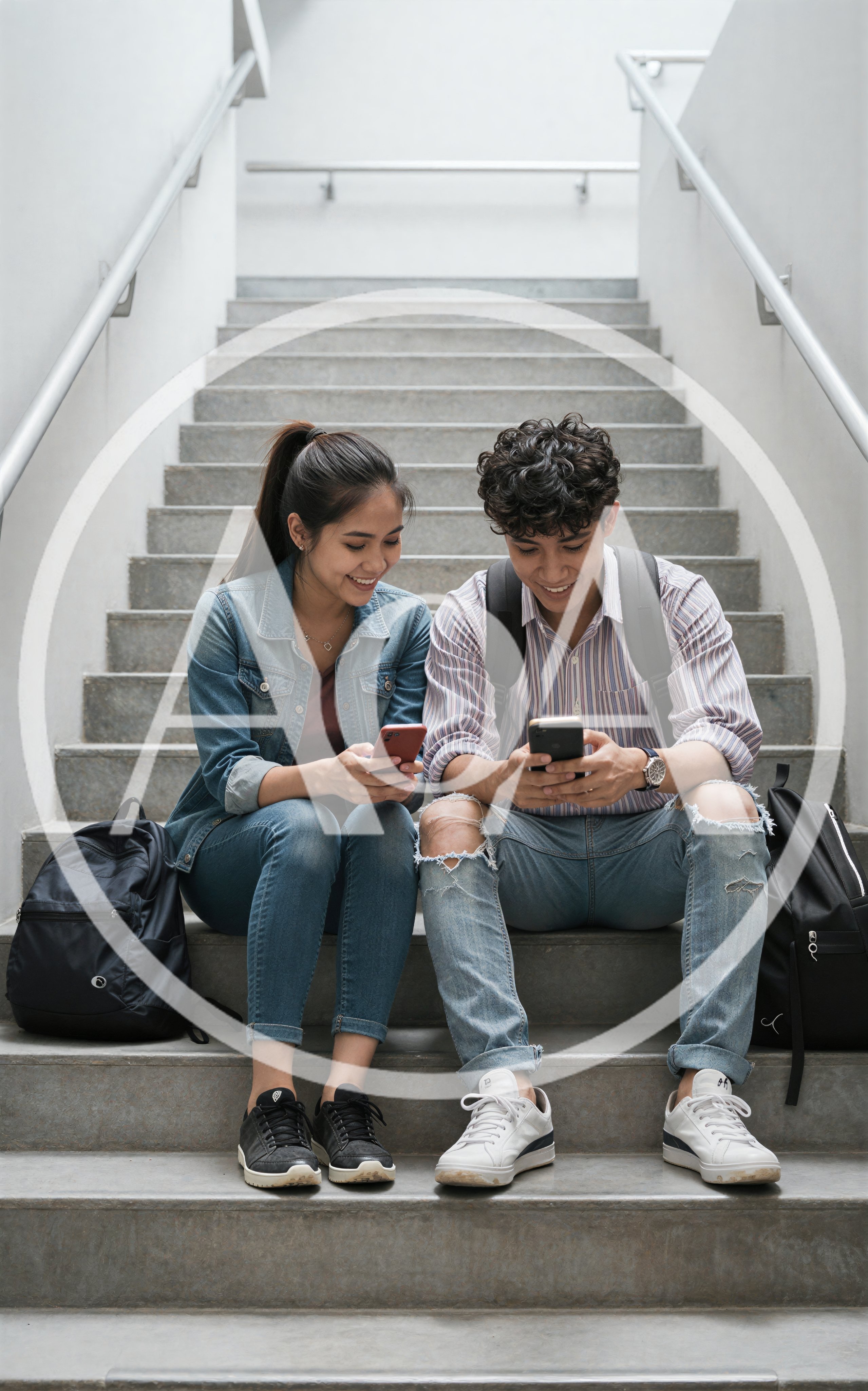 Young Students Sitting On Stairs Using Smartphones