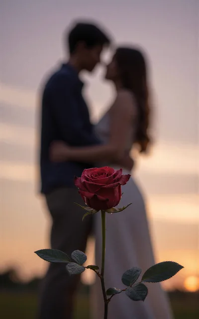 Romantic Couple Embracing Behind A Single Red Rose