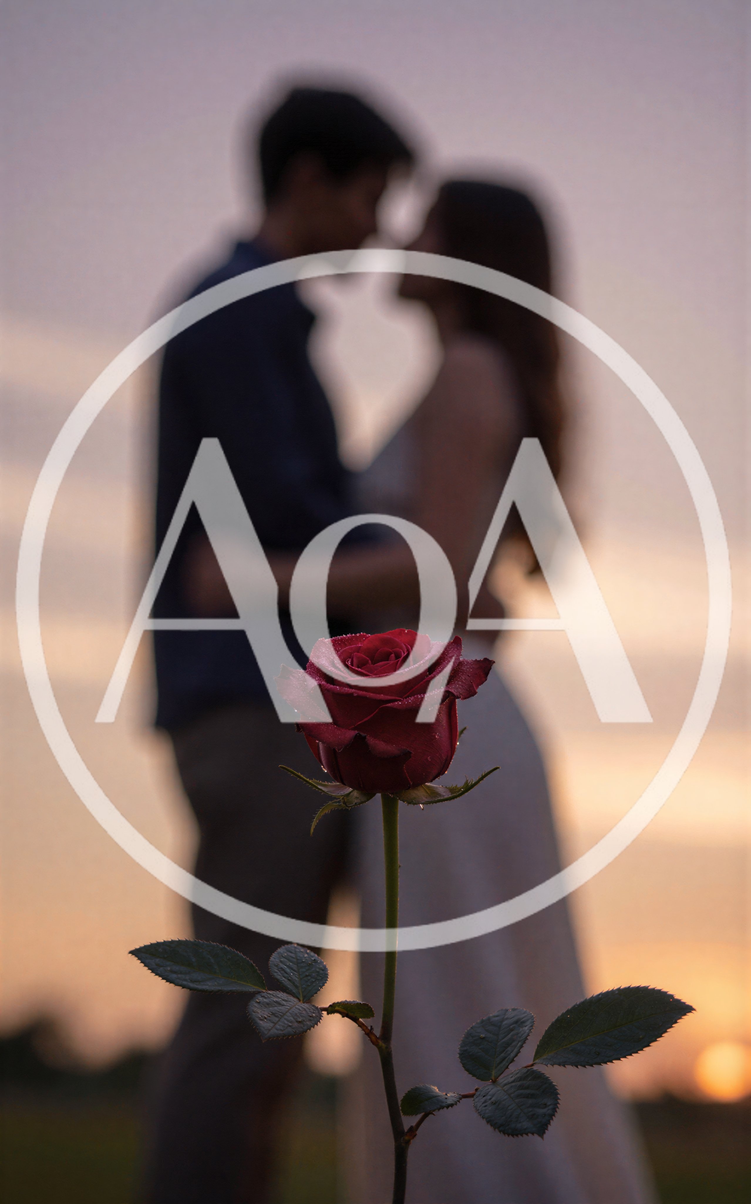 Romantic Couple Embracing Behind A Single Red Rose