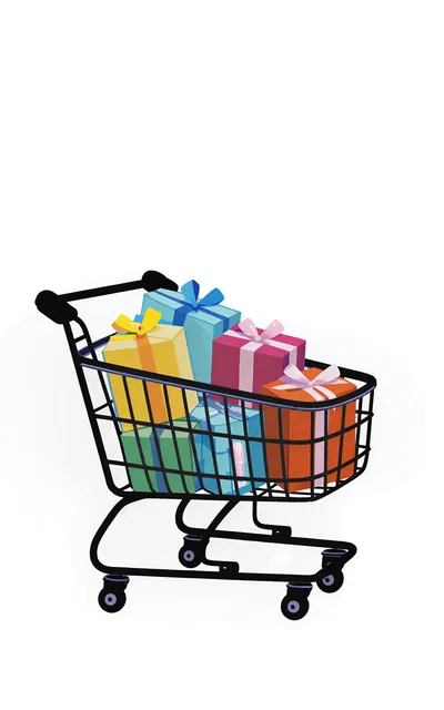 Shopping Cart Filled With Colorful Gift Boxes