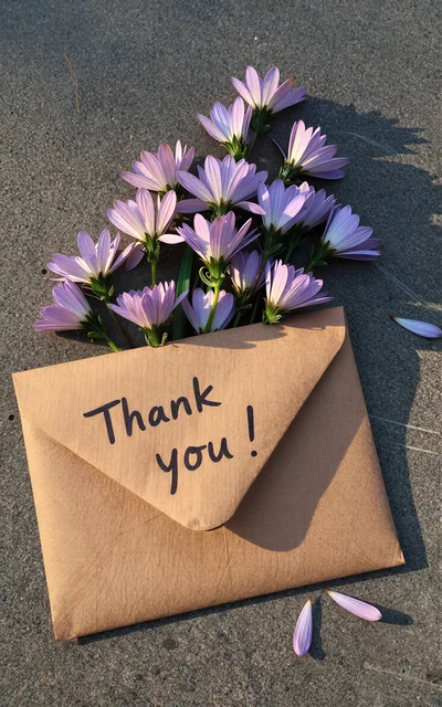 Thank You Note With Purple Flowers On Concrete