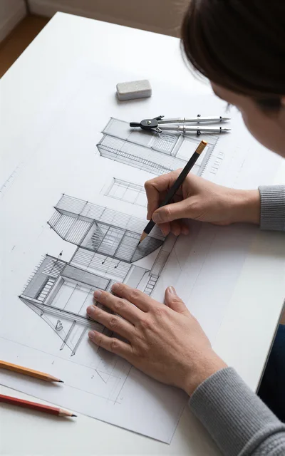 Architect Drawing Detailed Building Plans On Paper