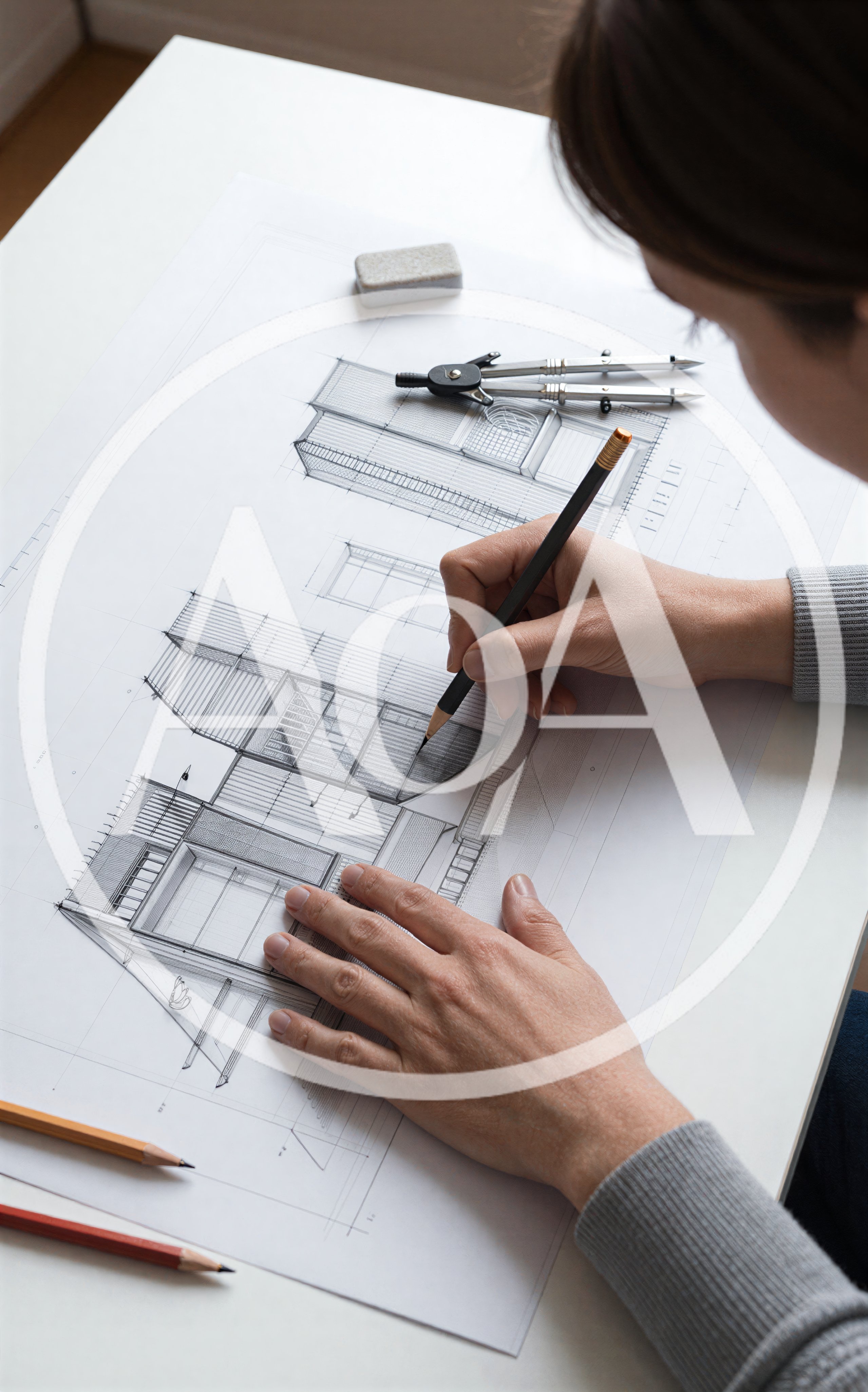 Architect Drawing Detailed Building Plans On Paper