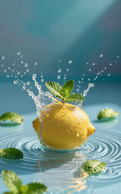 Fresh Lemon Falling Into Water With Mint Leaves
