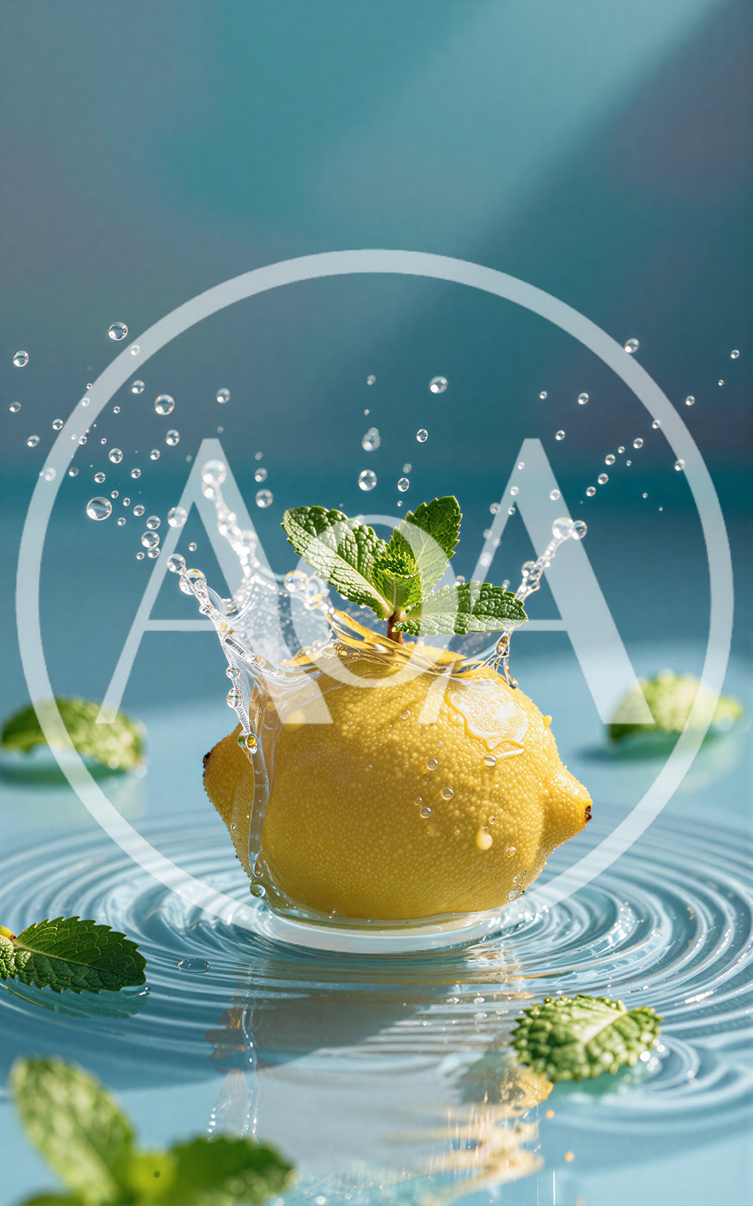 Fresh Lemon Falling Into Water With Mint Leaves