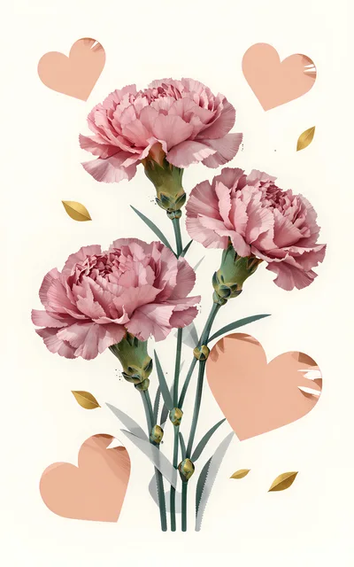 Pink Carnation Flowers With Decorative Hearts