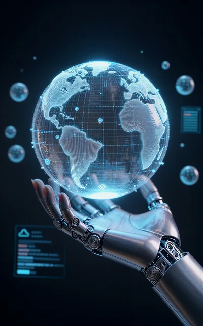 Robotic Hand Holding A Glowing Digital Earth Globe
