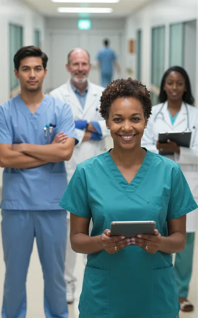 Diverse Medical Professionals Standing In Hospital Corridor