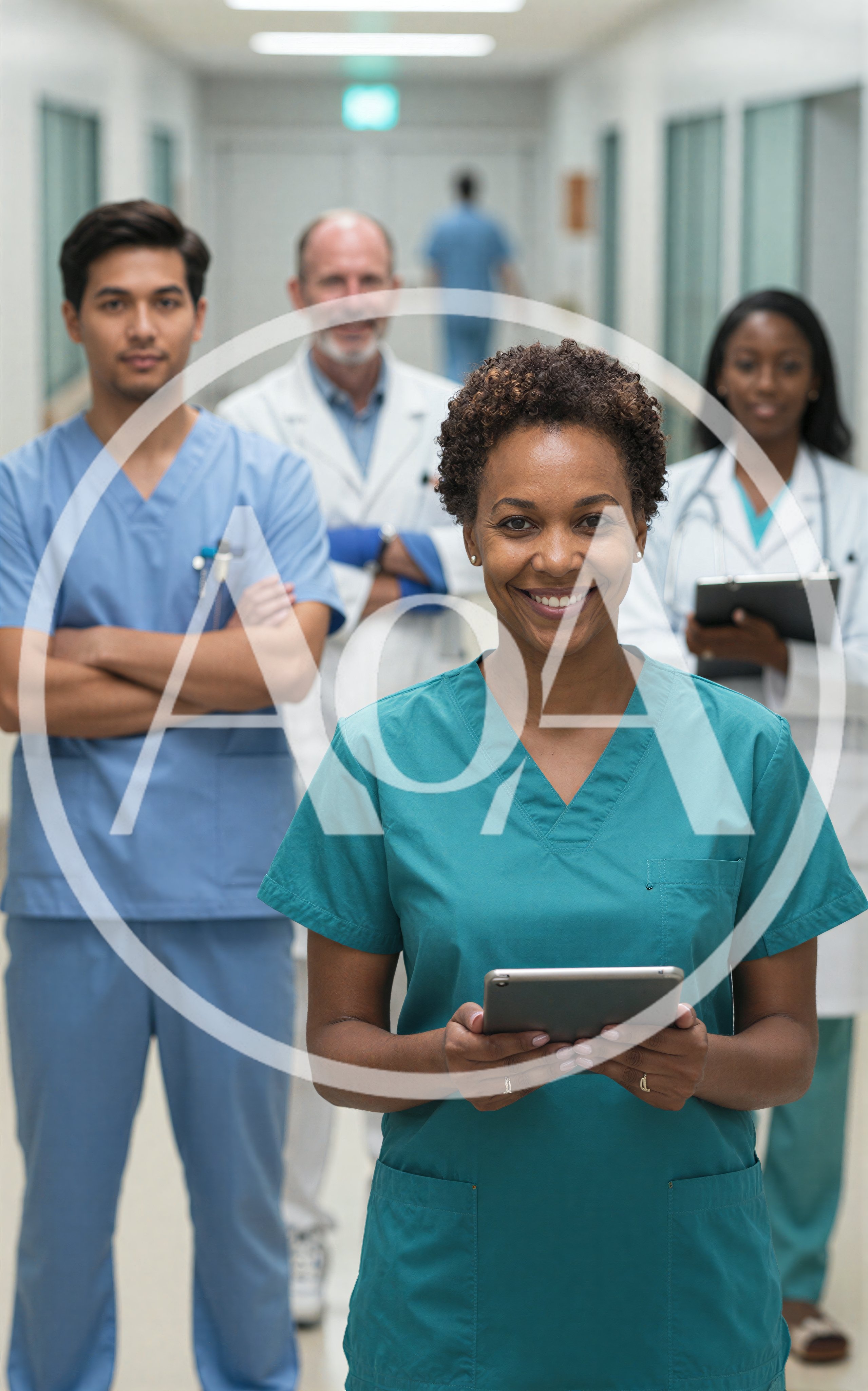 Diverse Medical Professionals Standing In Hospital Corridor