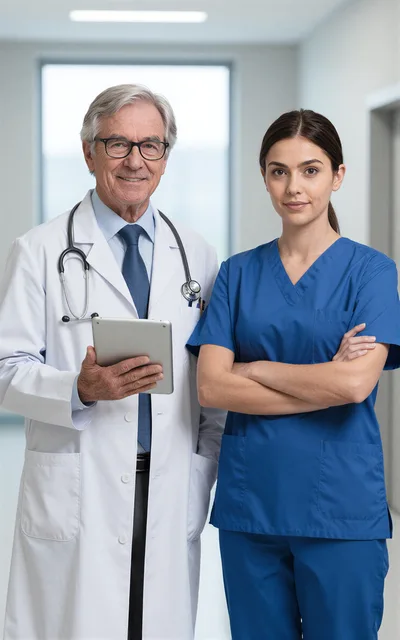 Professional Doctor And Nurse Standing In Hospital Corridor