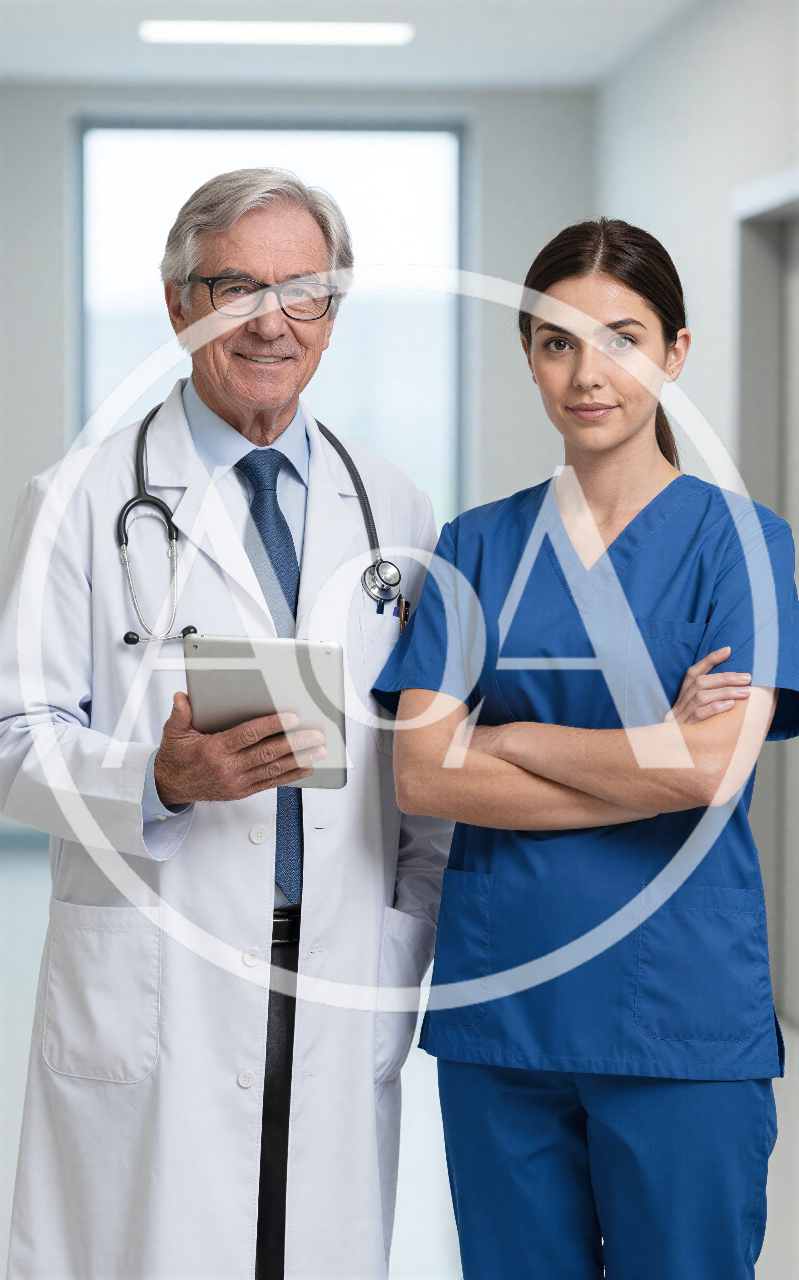 Professional Doctor And Nurse Standing In Hospital Corridor