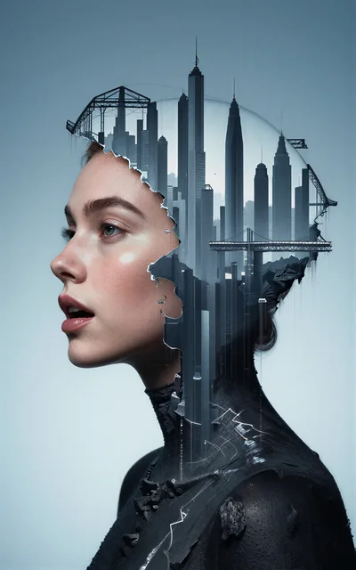 Surreal Double Exposure Portrait Of A Woman And Cityscape