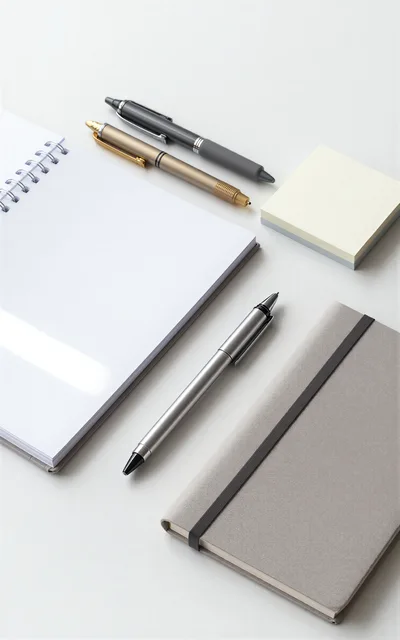 Stationery Set With Notebooks And Pens On White Desk