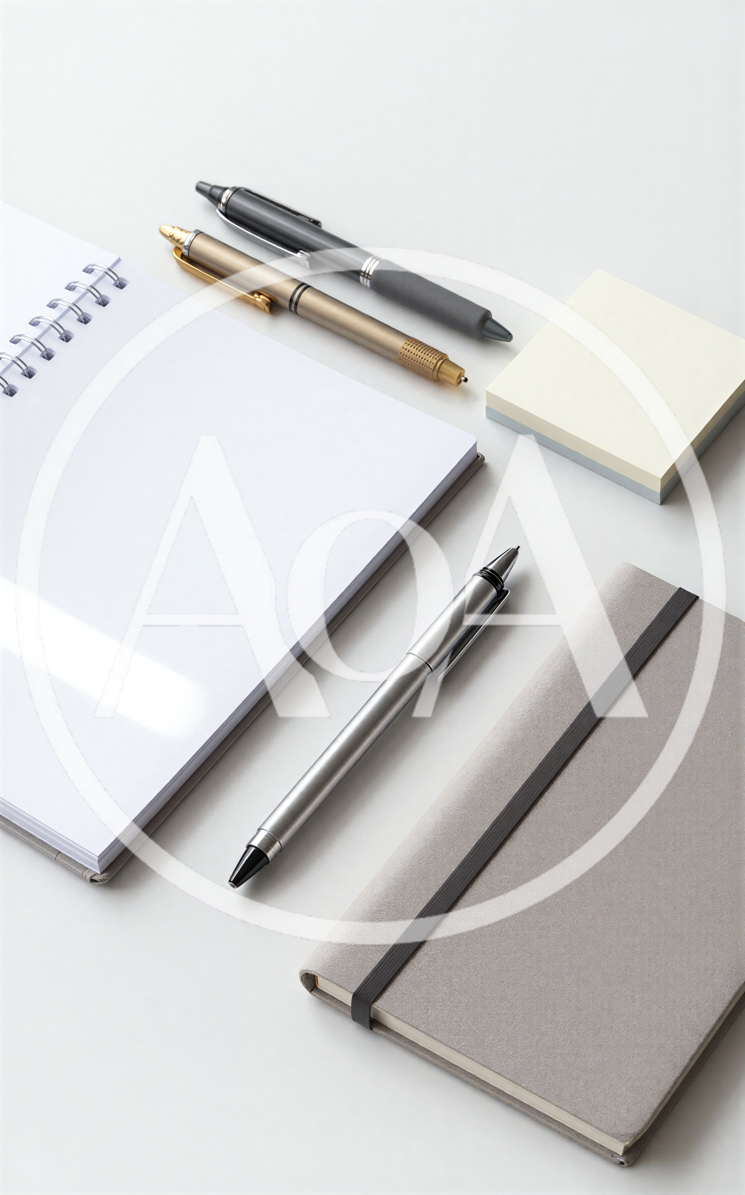 Stationery Set With Notebooks And Pens On White Desk