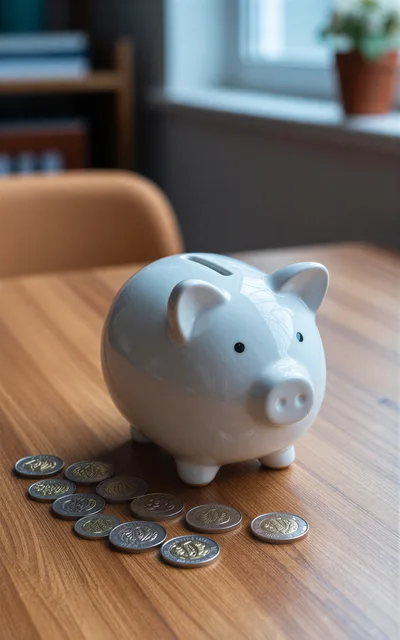 White Ceramic Piggy Bank With Scattered Coins