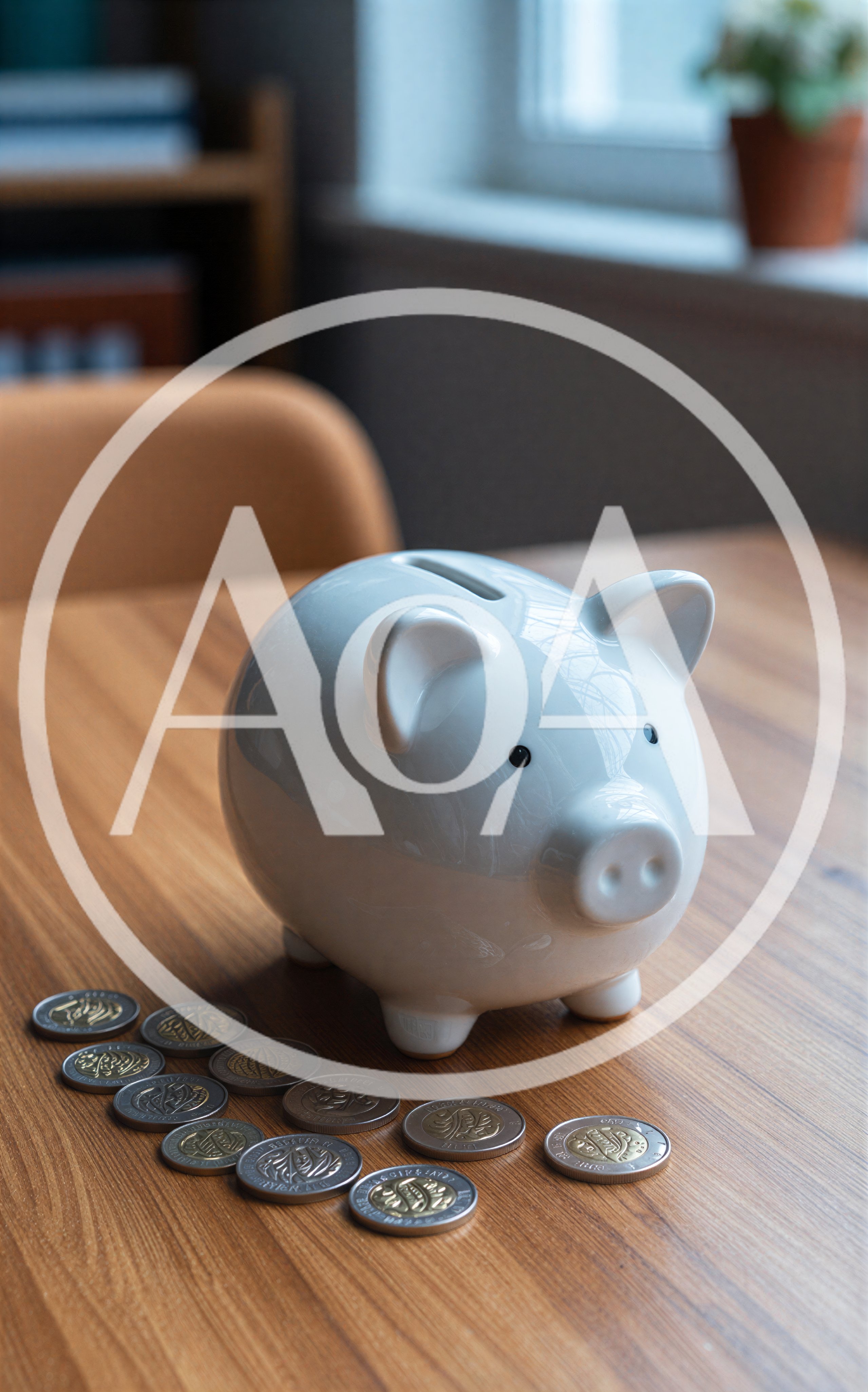 White Ceramic Piggy Bank With Scattered Coins