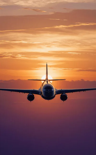 Commercial Airplane Flying Towards The Setting Sun